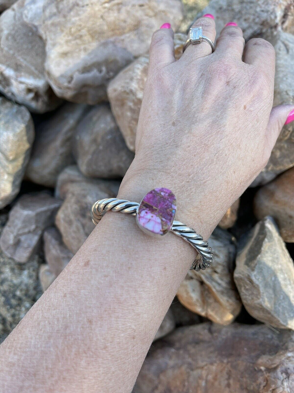 Handcrafted Pink Dream Mojave Sterling Silver Solid Twist Cuff
