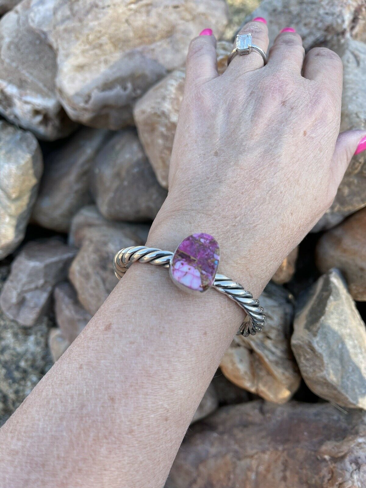 Handcrafted Pink Dream Mojave Sterling Silver Solid Twist Cuff