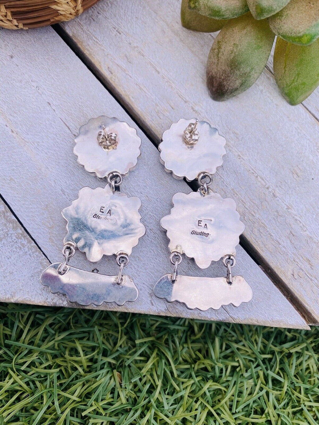 Handcrafted Turquoise and Sterling Silver Cluster Dangle Post Earrings
