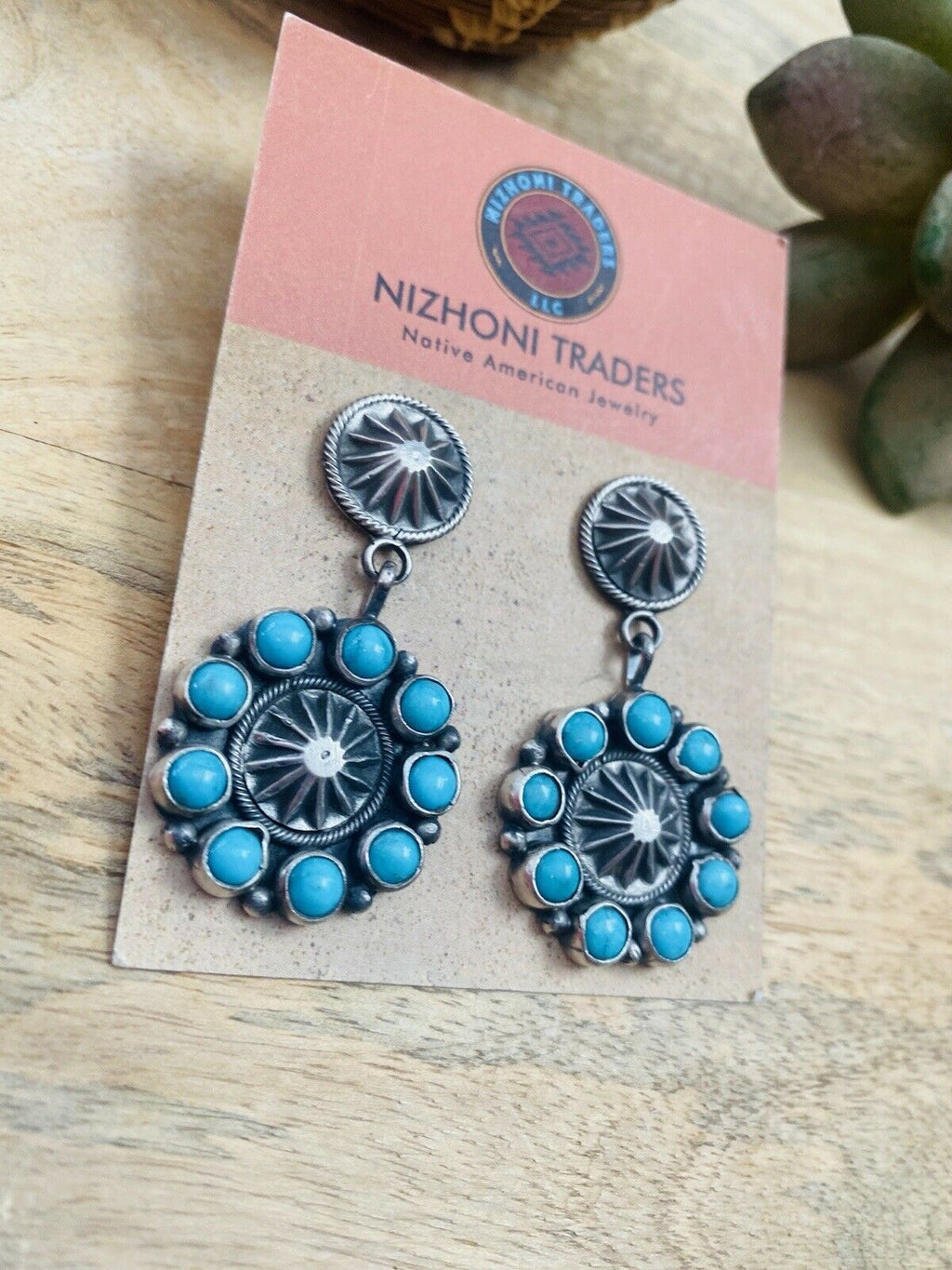 Handcrafted Turquoise & Sterling Silver Concho Dangle Earrings Signed