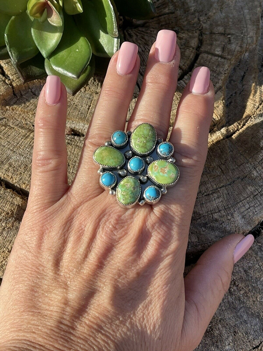 Handcrafted Sterling Sonoran Gold And Golden Hills Turquoise Cluster Ring Size 7