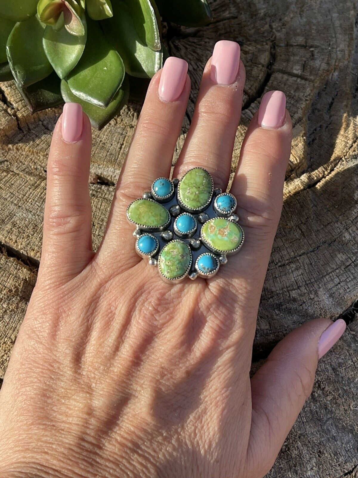 Handcrafted Sterling Sonoran Gold And Golden Hills Turquoise Cluster Ring Size 7