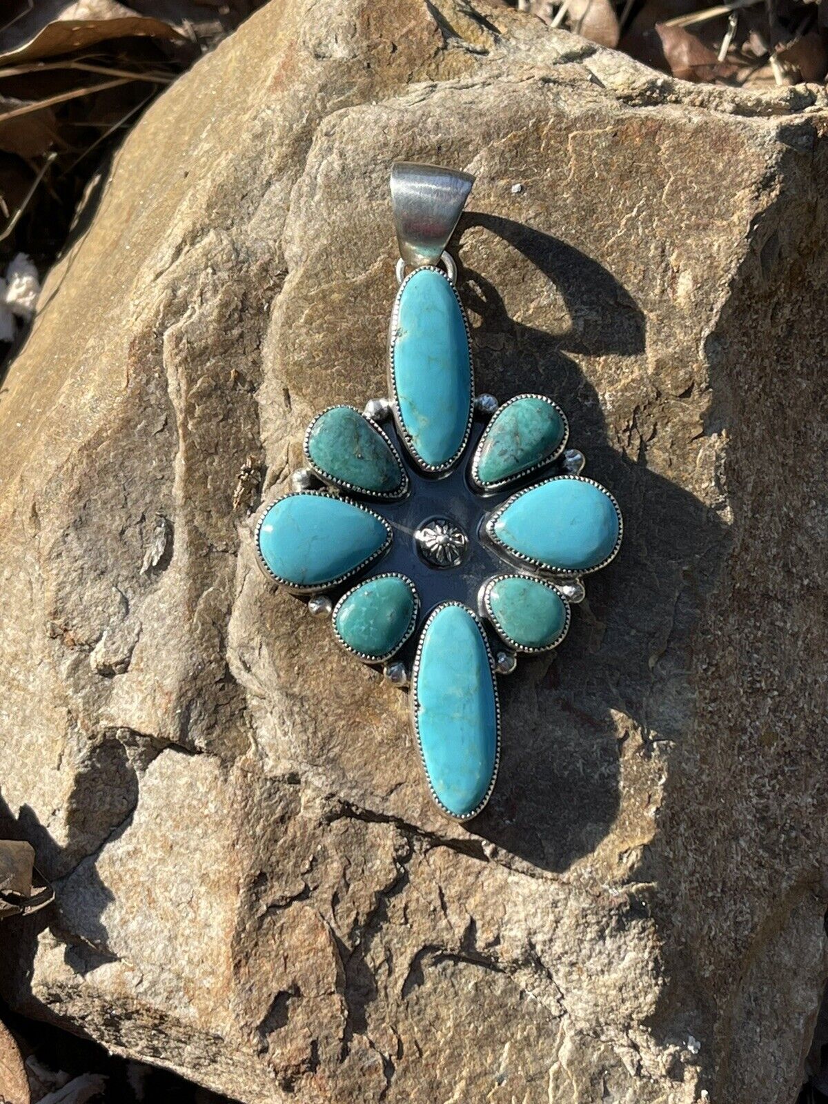 Handcrafted Multi Turquoise Cluster & Sterling Pendant Signed