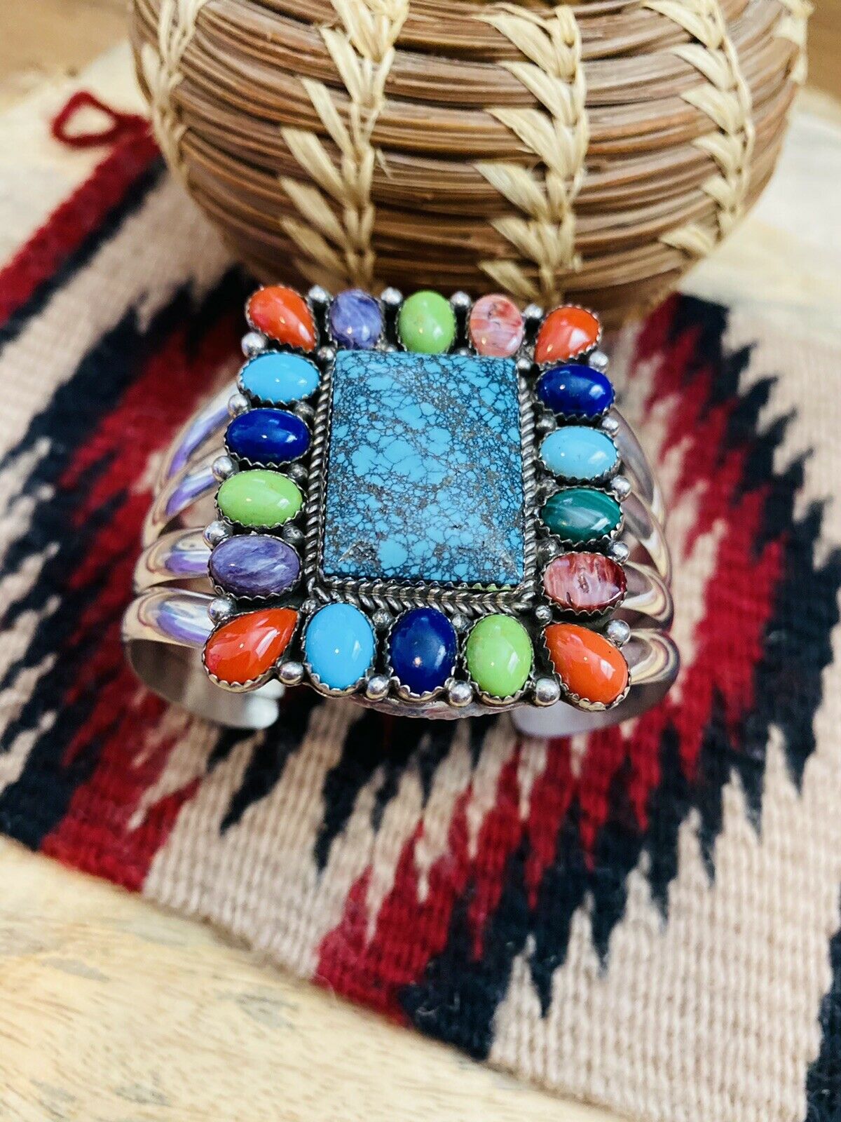 Handcrafted & Amazing Multi Stone & Sterling Silver Cuff Bracelet Signed