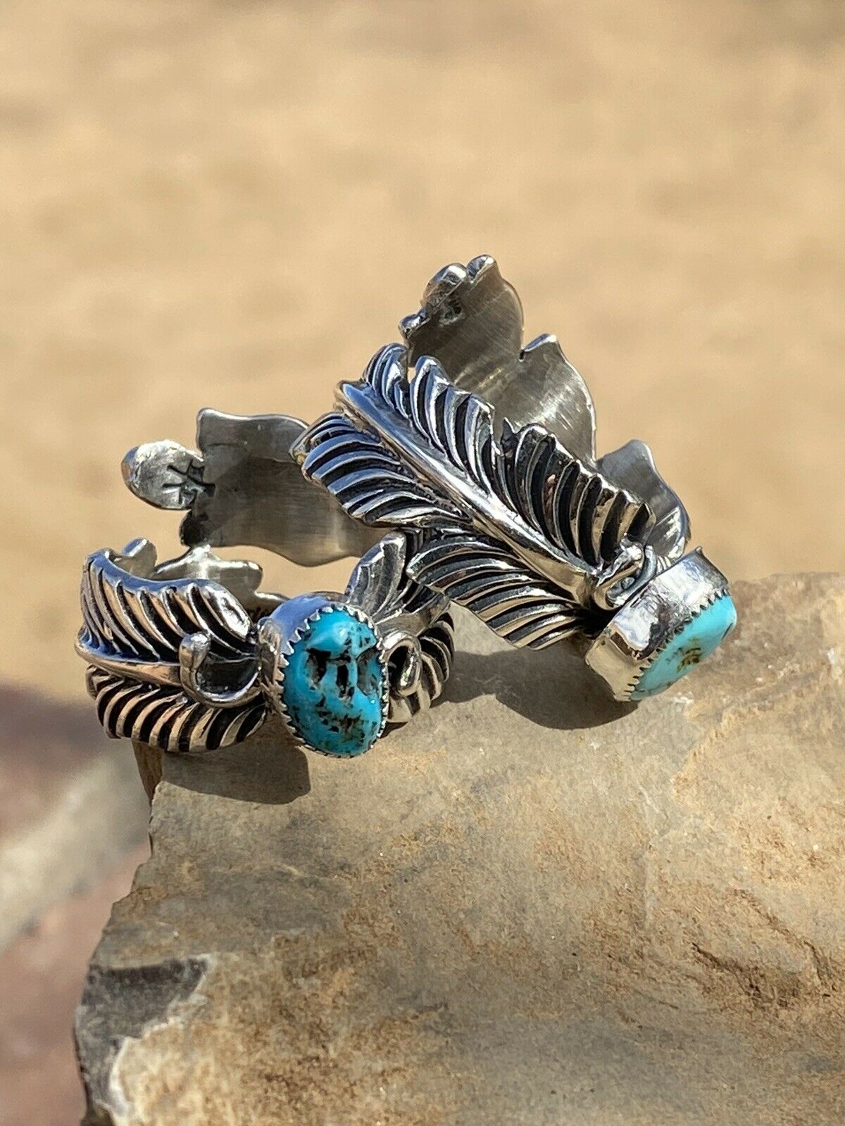 Handcrafted Feather Turquoise And Sterling Silver Adjustable Ring