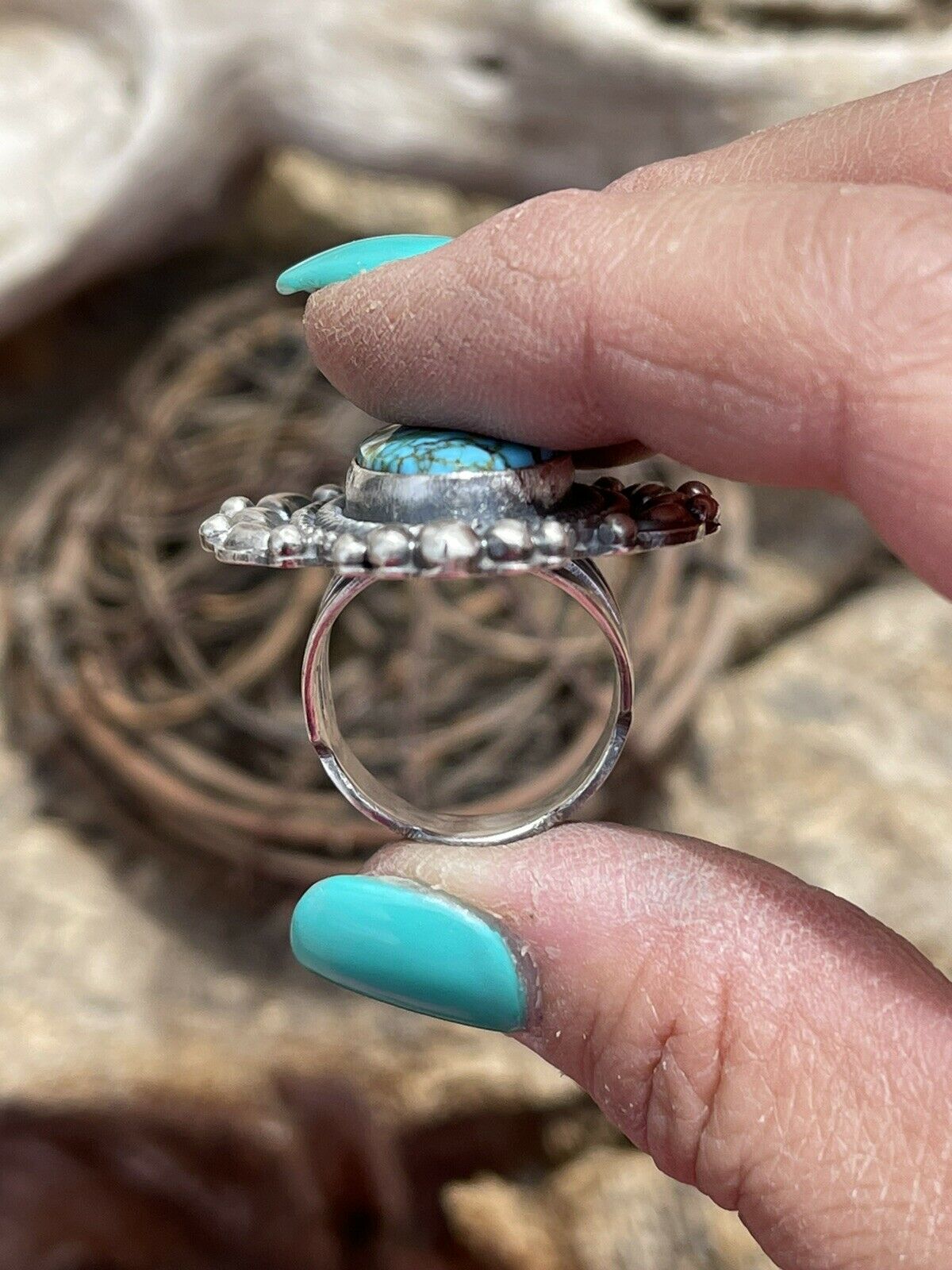 Handcrafted Sonoran Mountain Turquoise & Sterling Silver Statement Ring Size 8