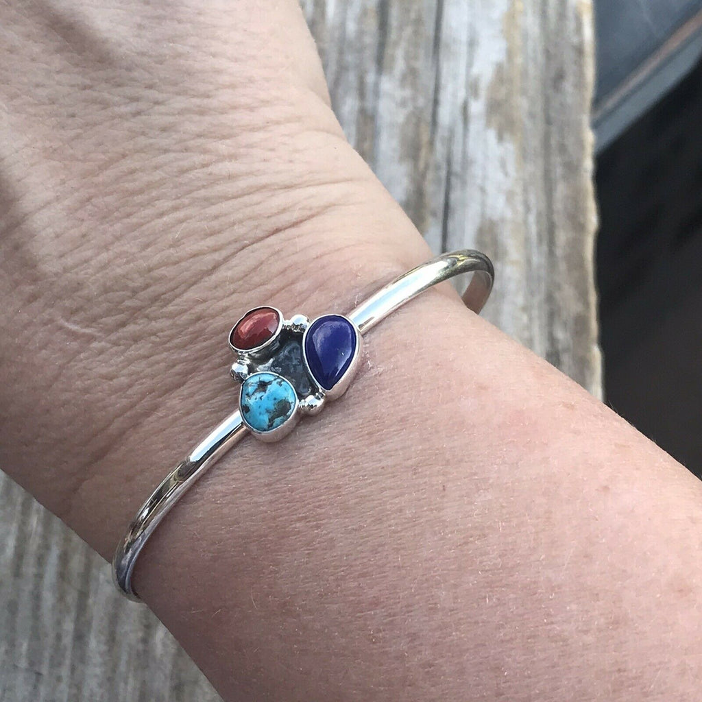 Handcrafted Multi Stone Malachite and Sterling Silver Bracelet Cuff Artist V. S