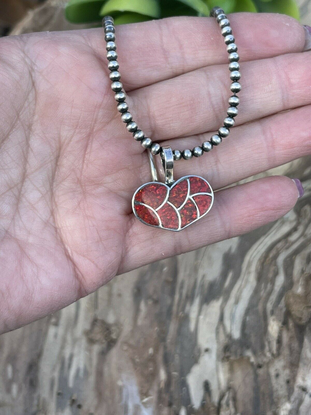 Handcrafted Iridescent Red Opal & Sterling Silver Heart Pendant