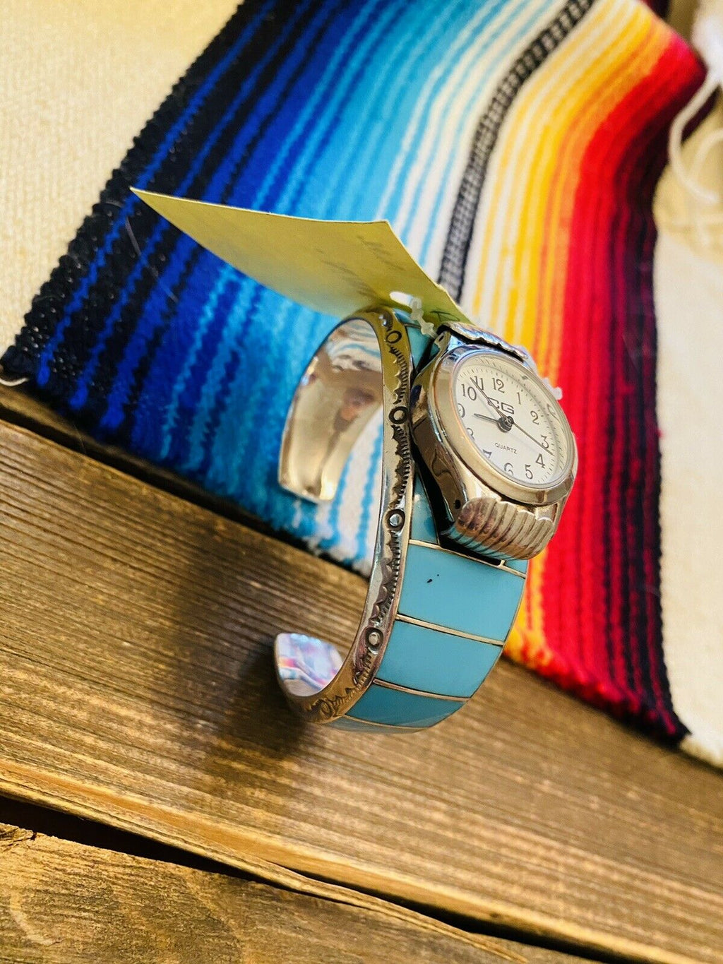 Handcrafted Vintage Turquoise & Sterling Silver Inlay Watch Cuff Signed