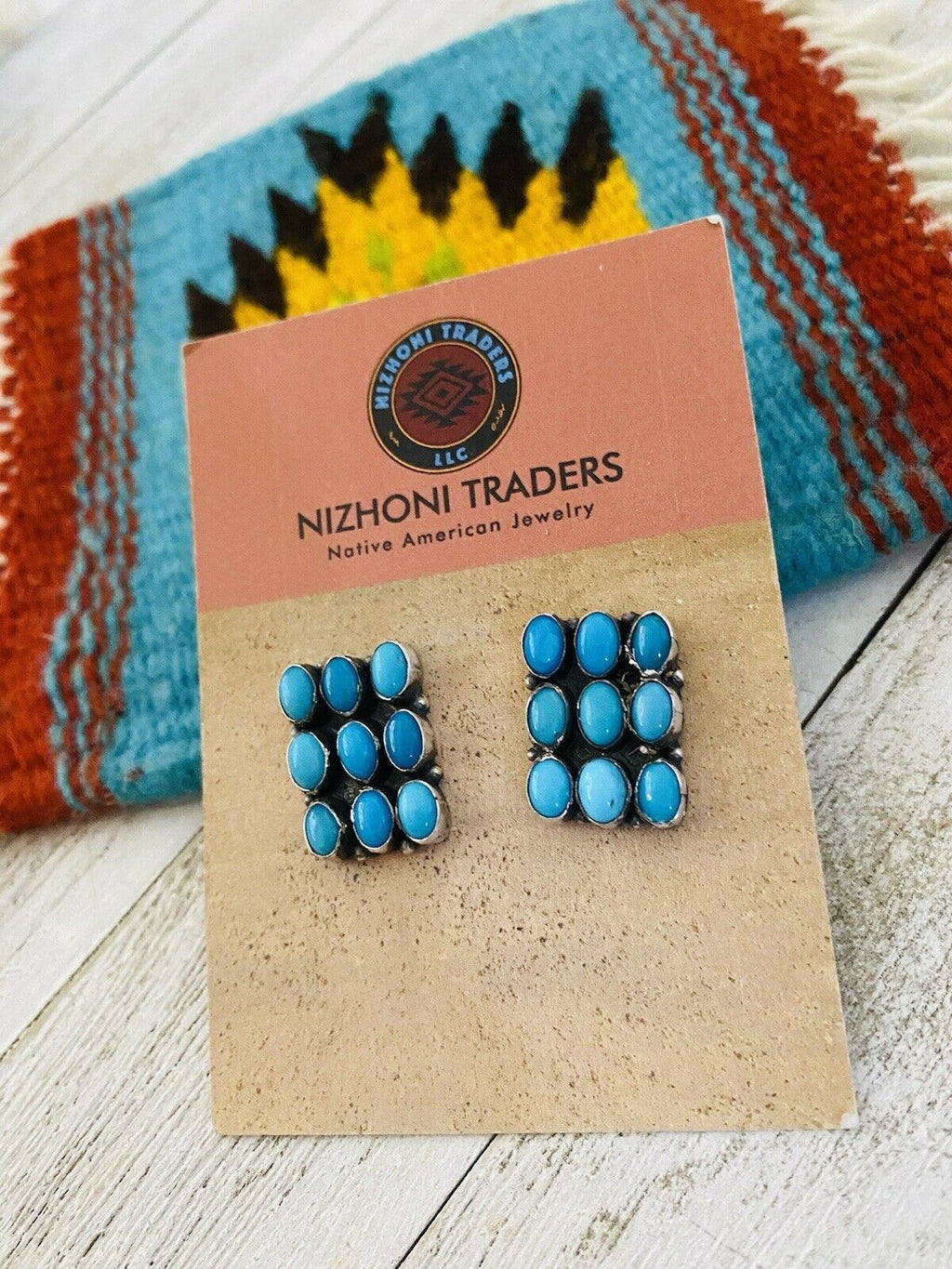Handcrafted Turquoise & Sterling Silver Cluster Stud Earrings Signed