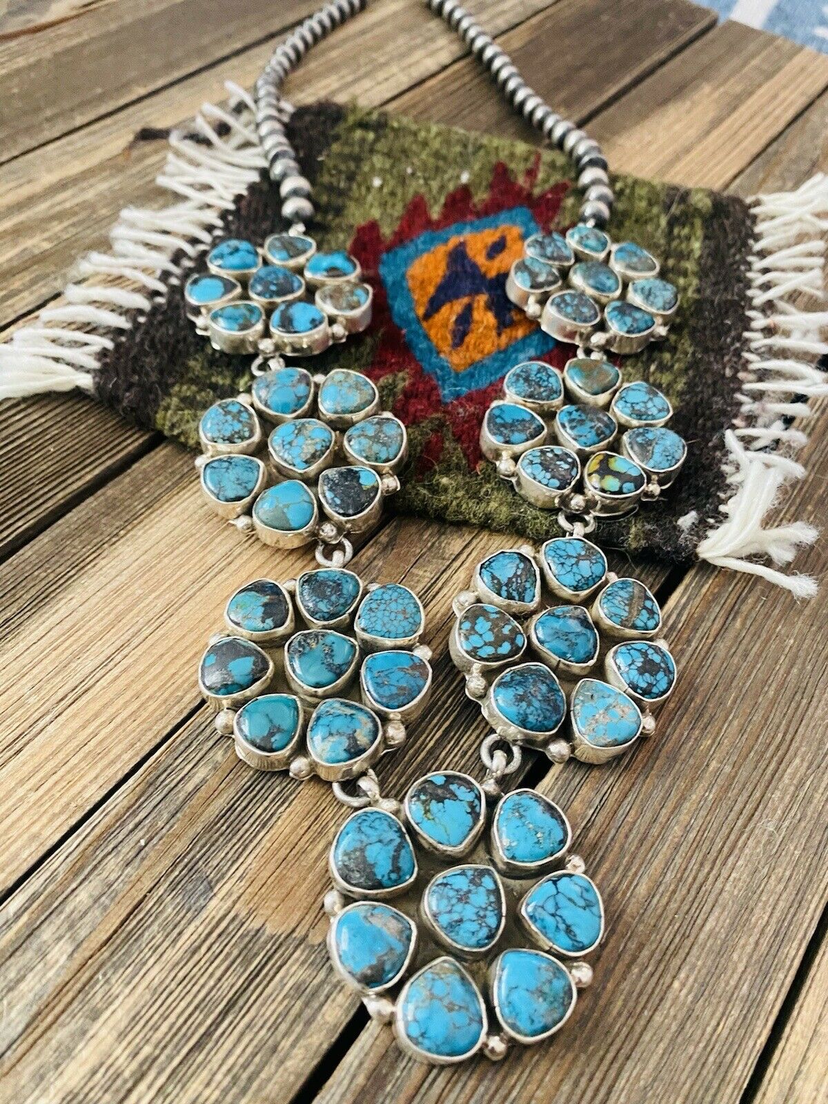 Handcrafted Natural Kingman & Sterling Silver Cluster Necklace