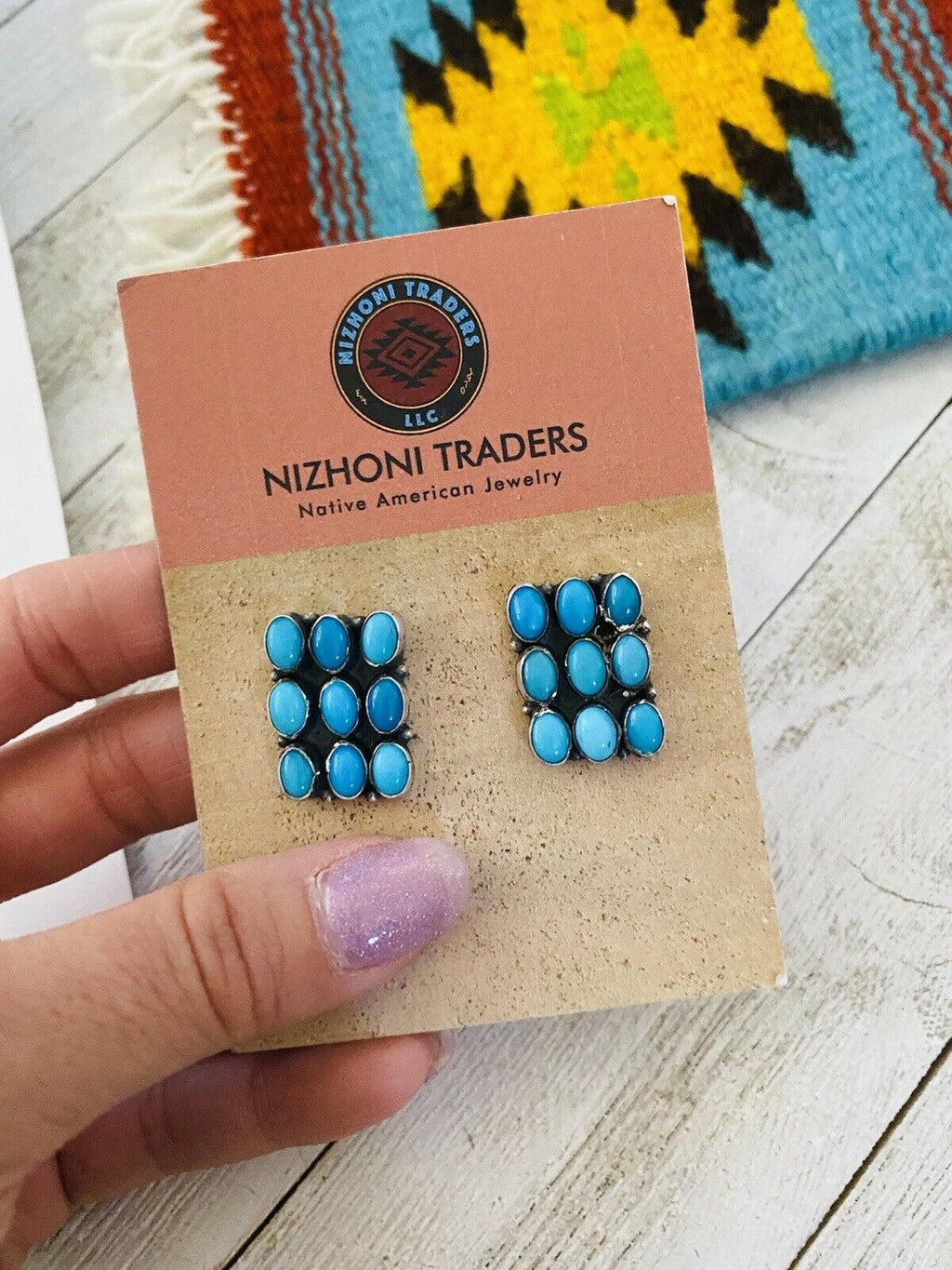 Handcrafted Turquoise & Sterling Silver Cluster Stud Earrings Signed