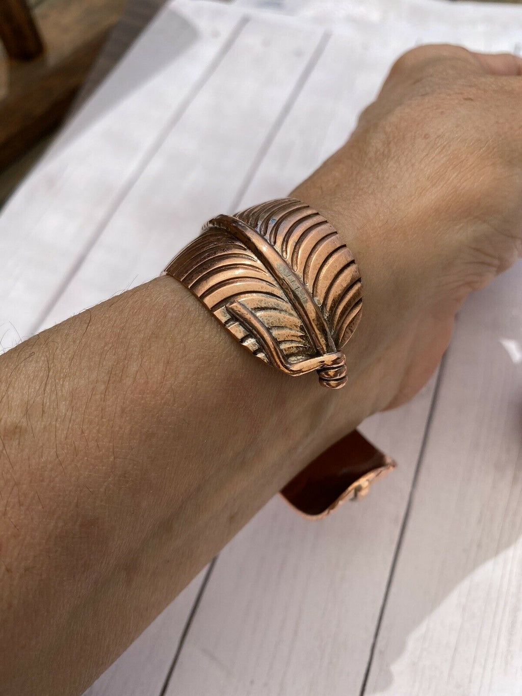Handcrafted Copper Hand Stamped  Feather Bracelet Cuff