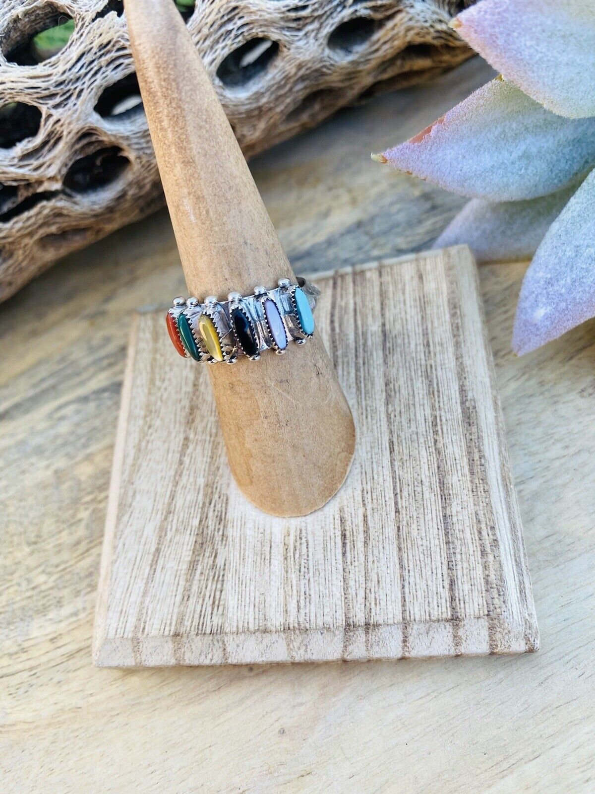 Handcrafted Sterling Silver & Multi Stone Needlepoint Band Ring