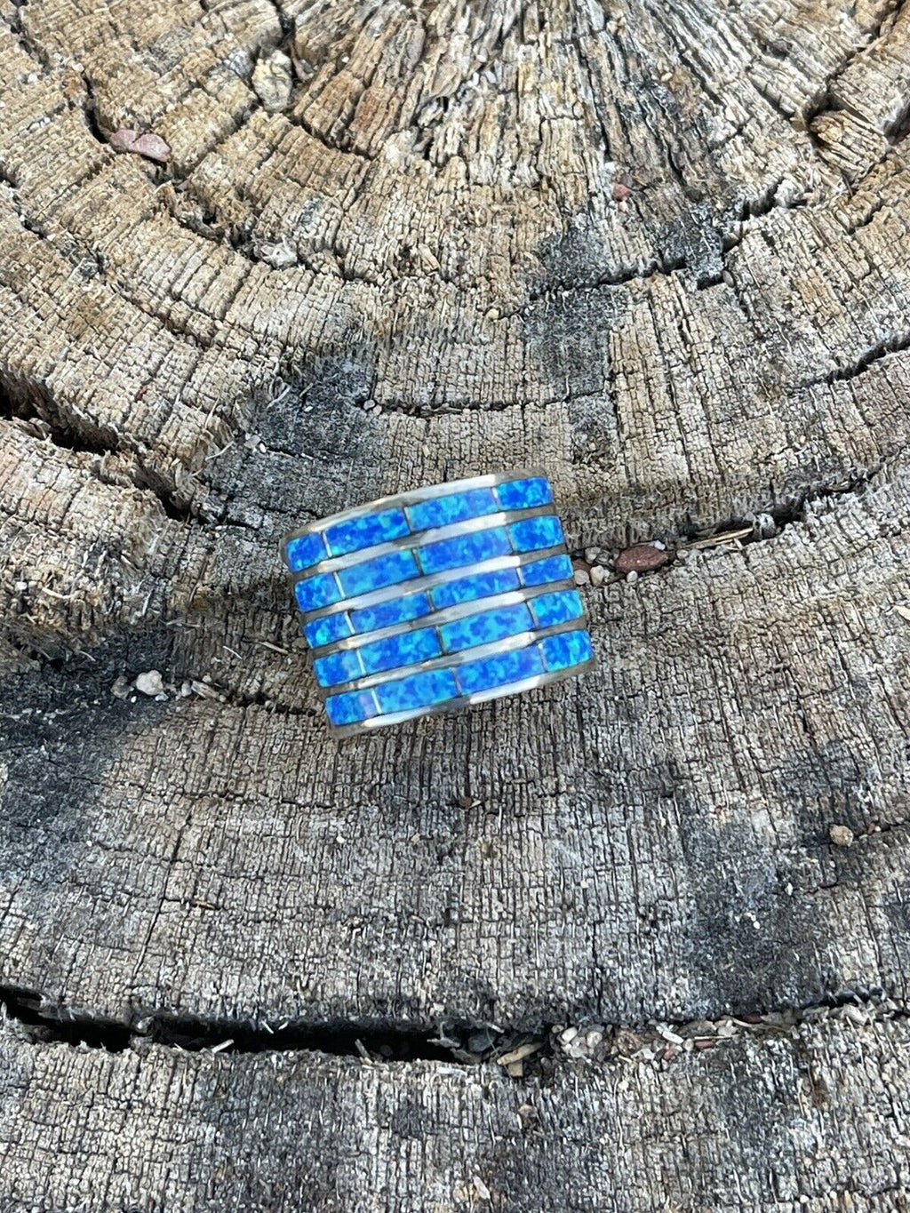 Handcrafted Sterling Silver Blue Opal 5 Row Inlay Ring