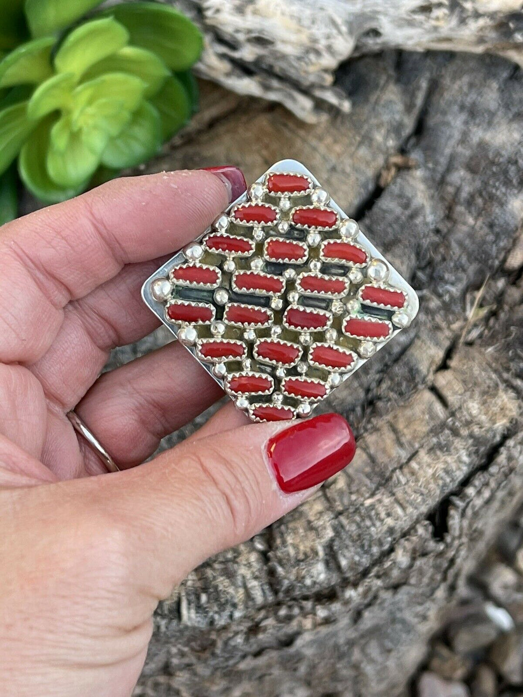 Handcrafted Sterling Silver Square Platform Red Coral Ring Sz 8
