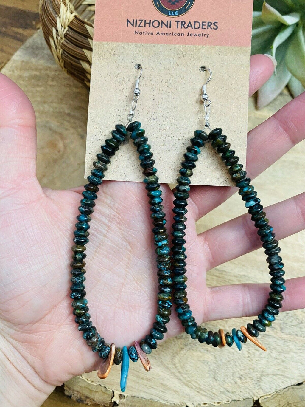 Turquoise & Spiny Oyster Beaded Dangle Hoop Earrings
