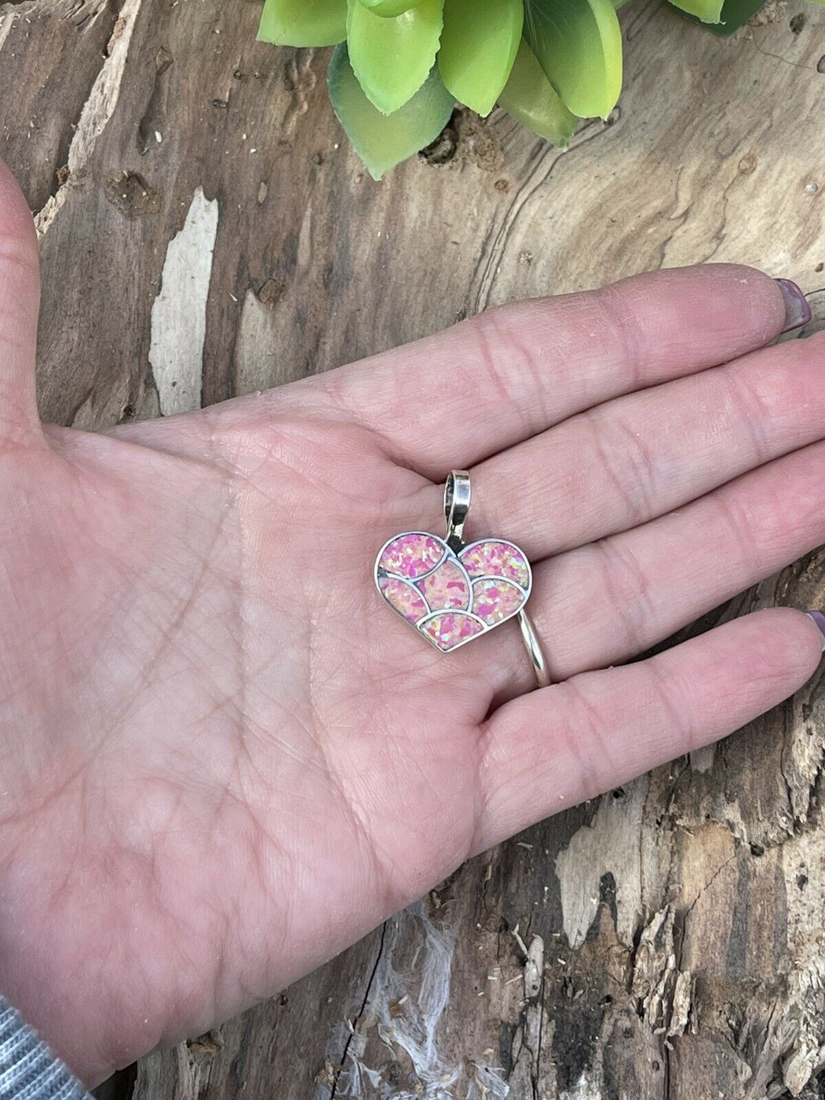 Handcrafted Iridescent Pink Opal & Sterling Silver Heart Pendant