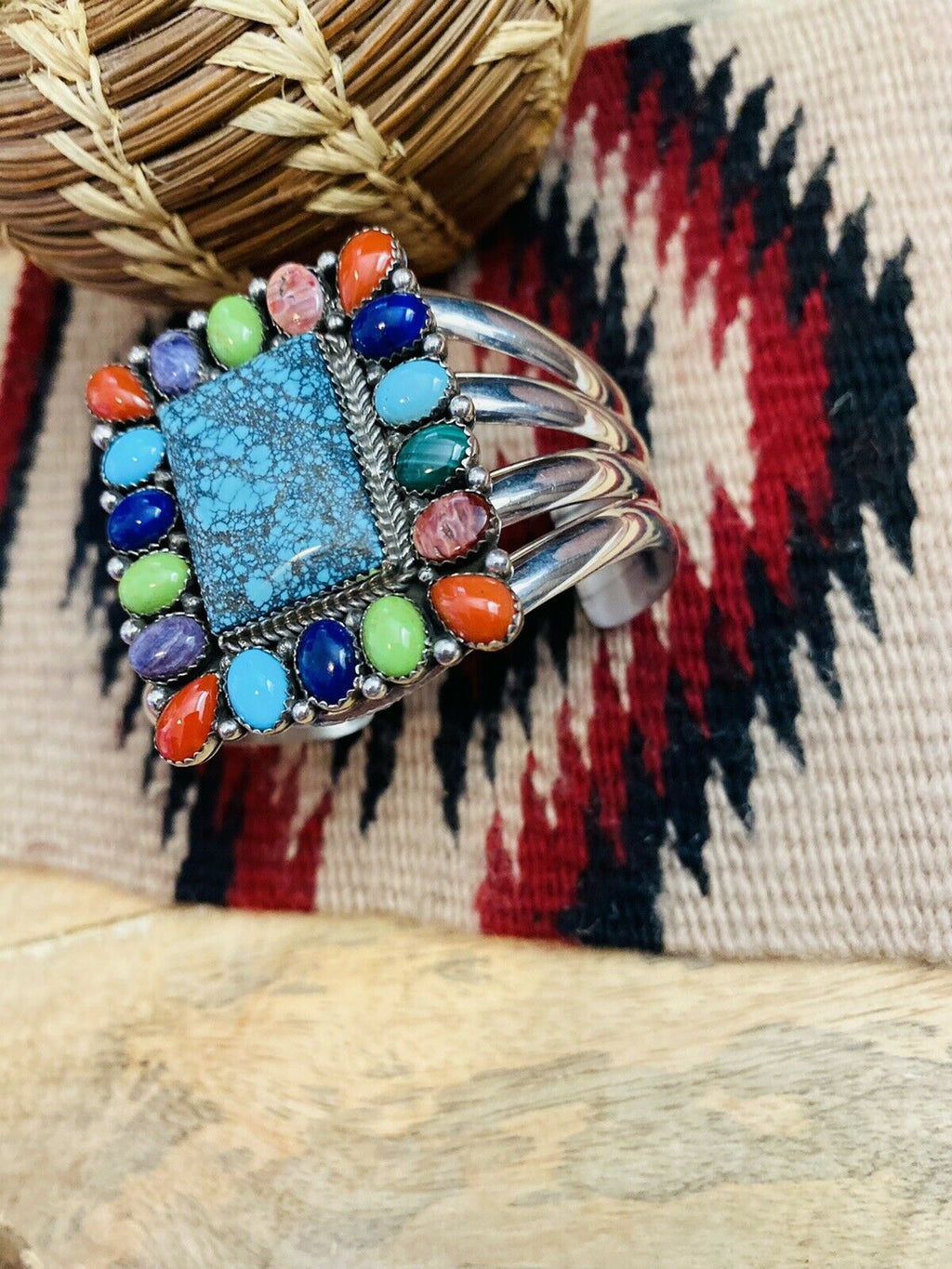 Handcrafted & Amazing Multi Stone & Sterling Silver Cuff Bracelet Signed