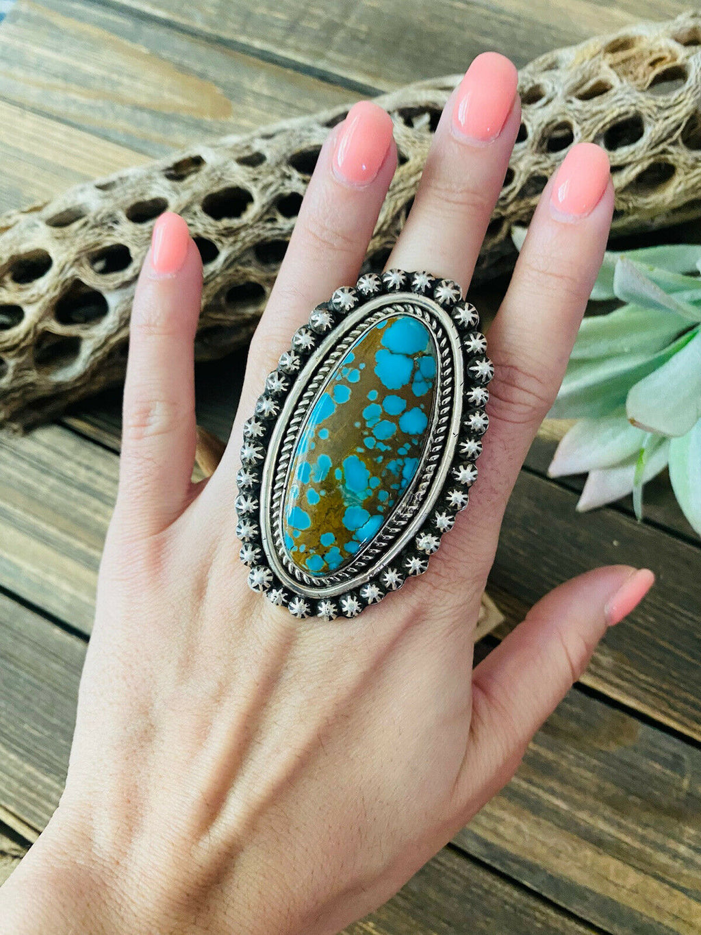 Handcrafted Number 8 Turquoise & Sterling Silver Ring Size 6 Signed