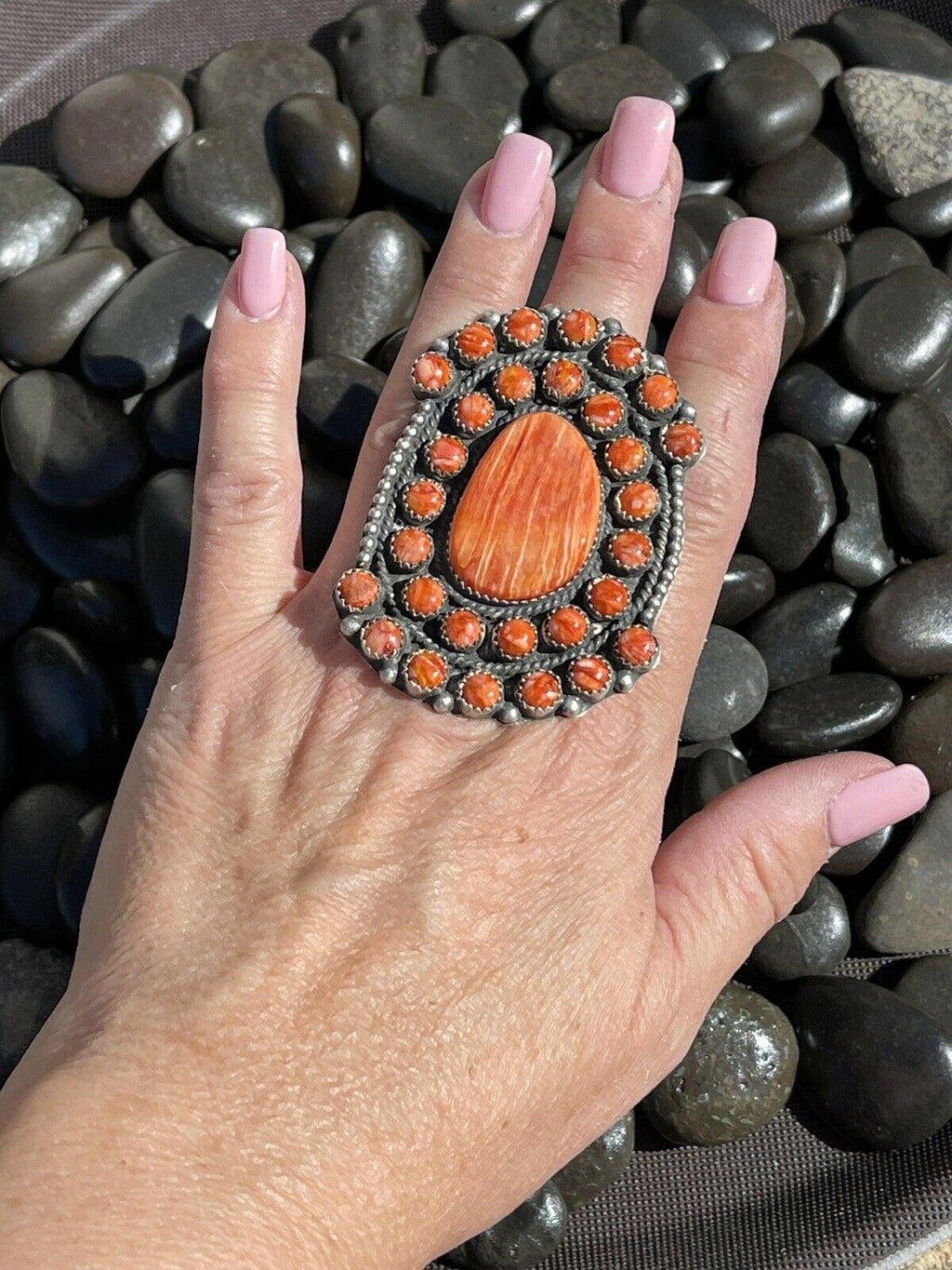 Handcrafted Sterling Silver Orange Spiny Cluster Jumbo Ring Sz 7.5