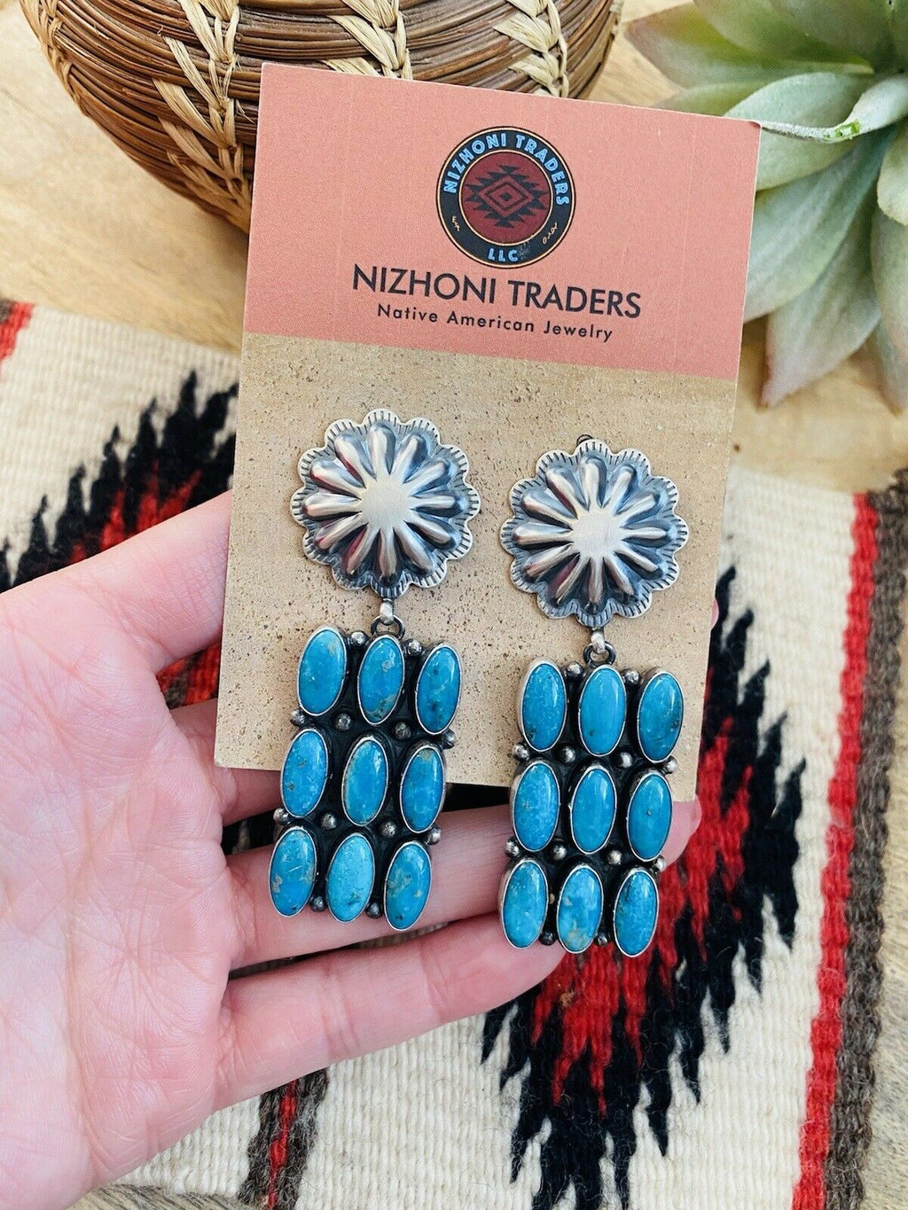 Handcrafted Turquoise & Sterling Silver Cluster Dangle Earrings Signed