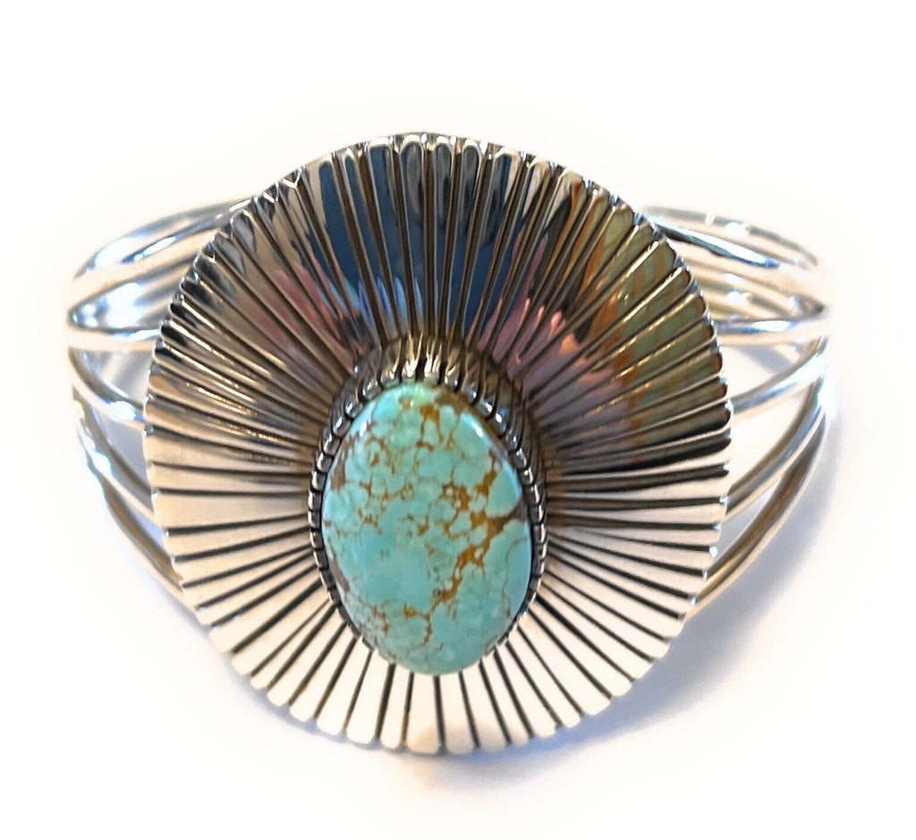 Handcrafted Handmade Sterling Silver & Number 8 Turquoise Signed Lined Cuff Signed