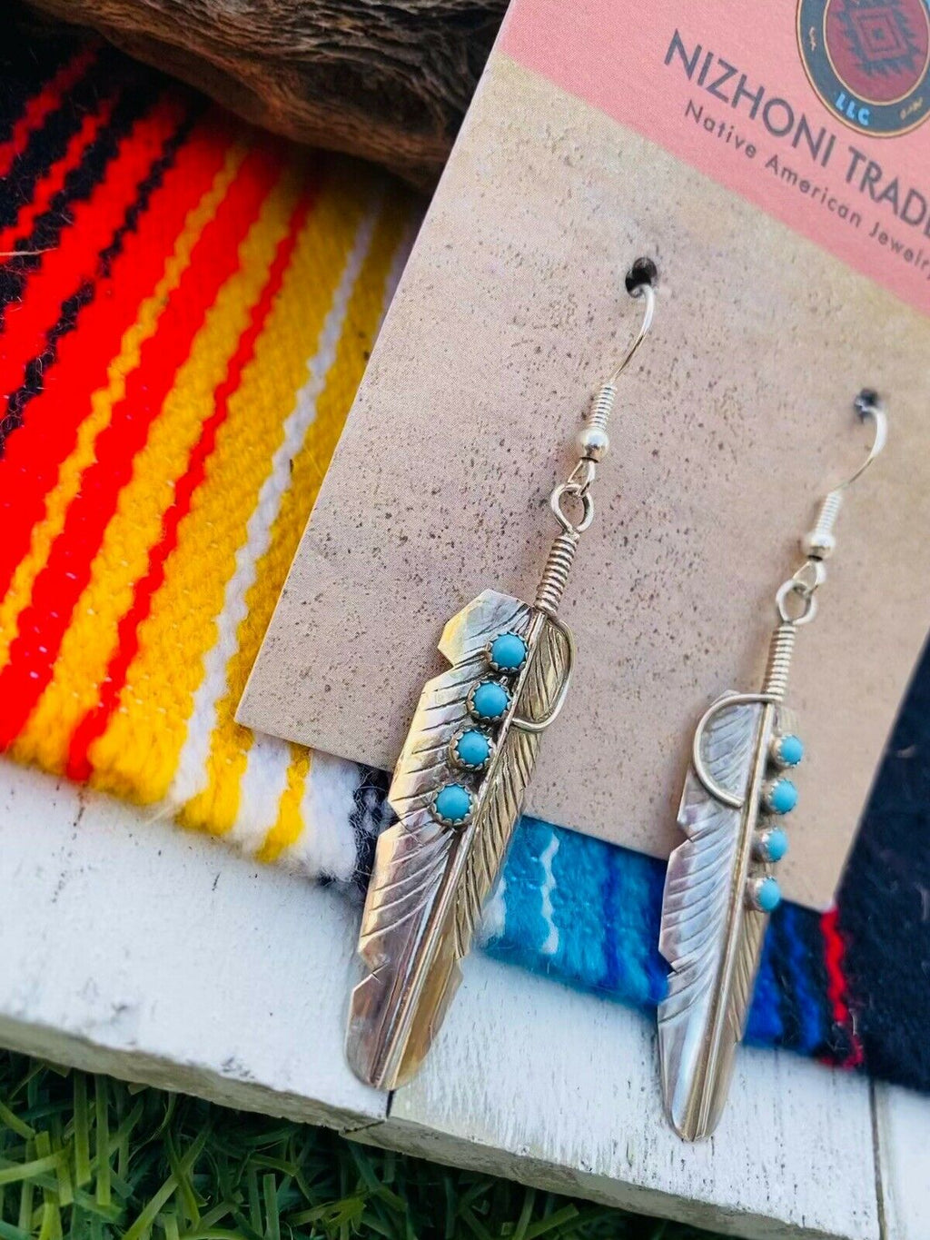Handcrafted Turquoise & Sterling Silver Feather Dangle Earrings