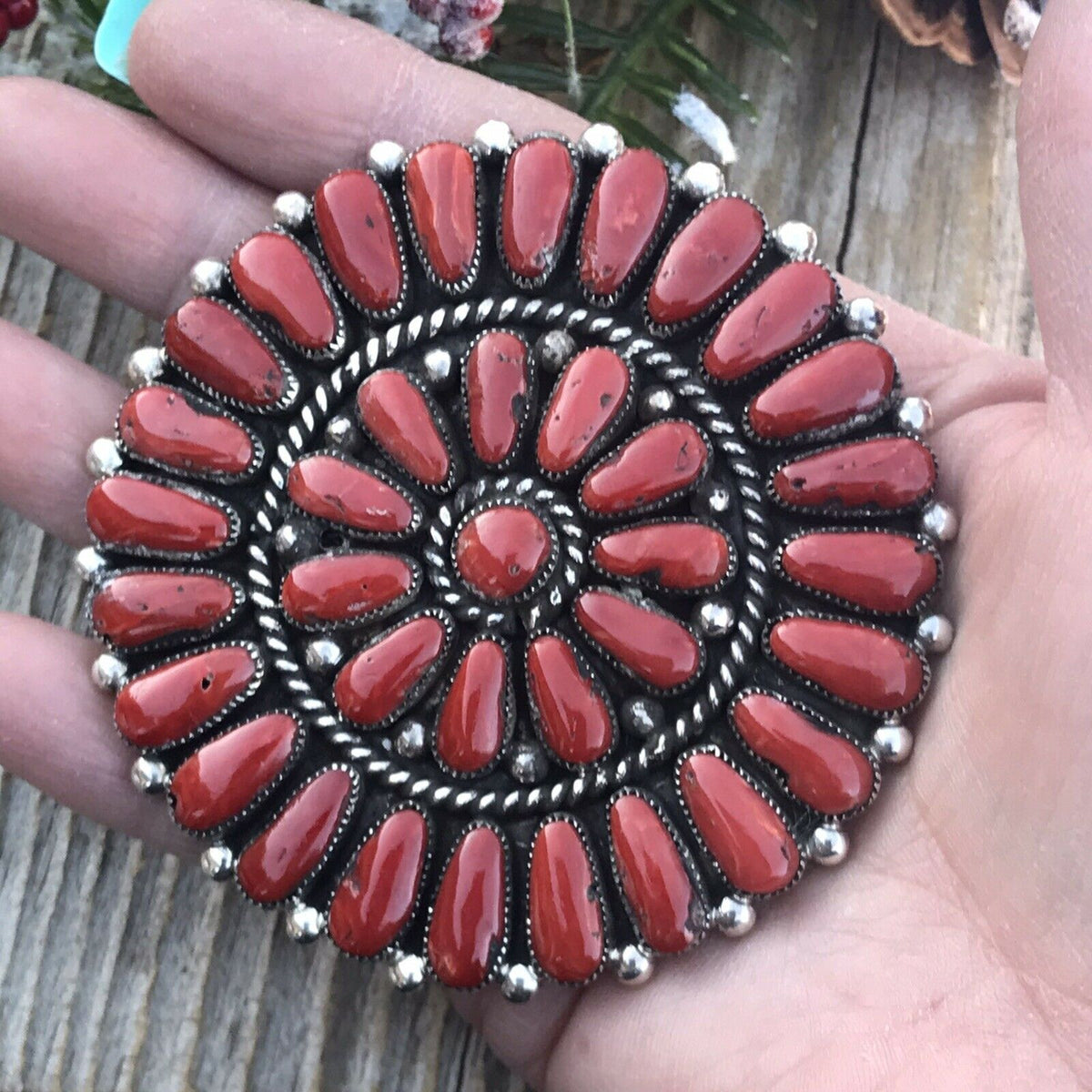 Handcrafted Jumbo Sterling Silver  Natural Red Coral Cluster Pendant/pin Signed