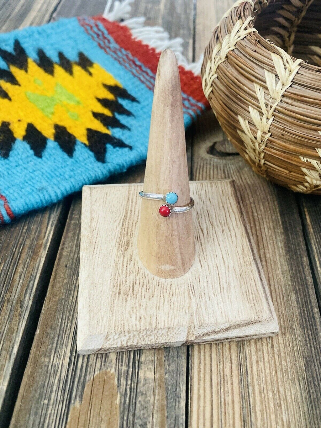 Handcrafted Sterling Silver, Coral & Turquoise Adjustable Ring