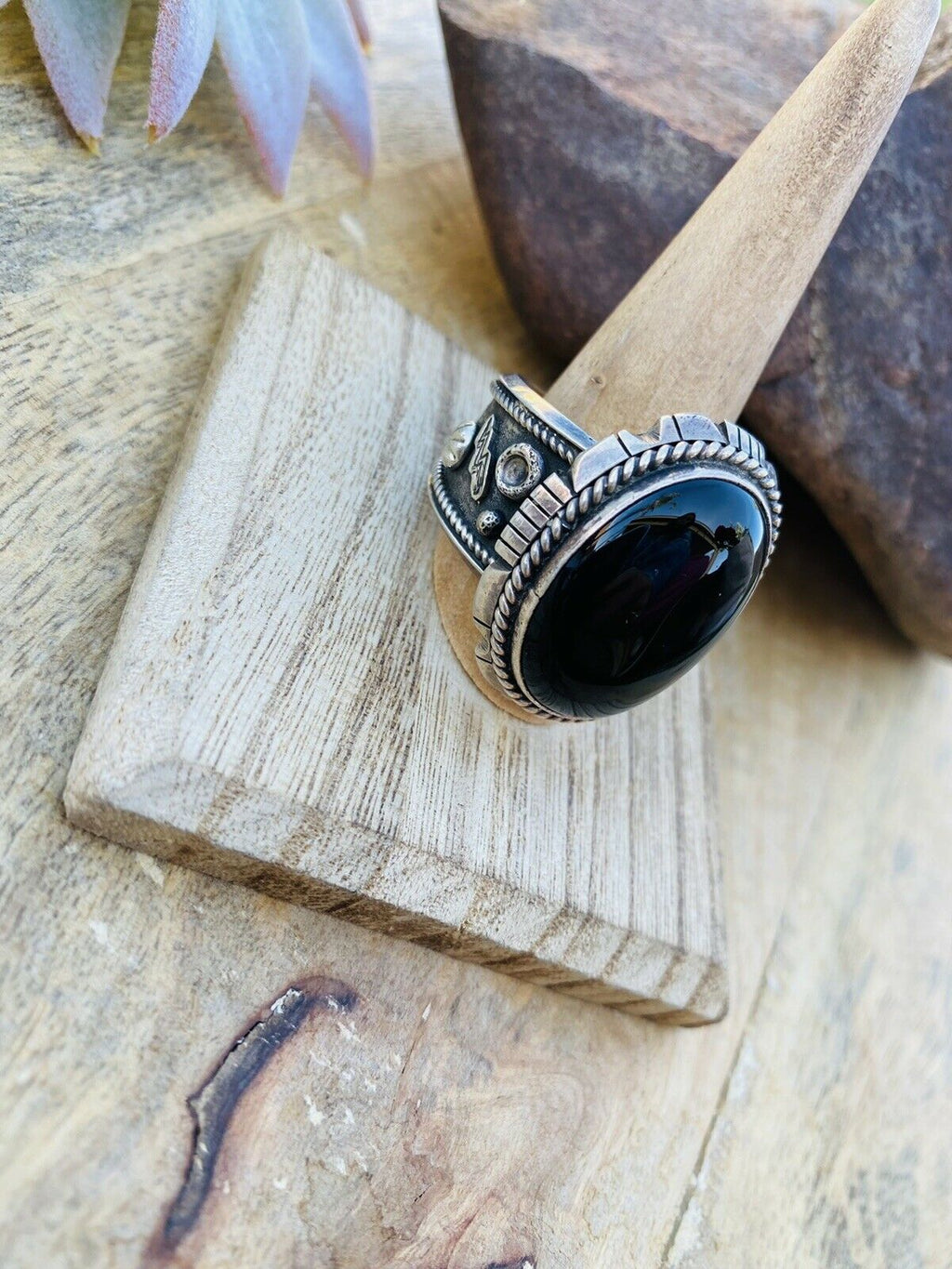 Handcrafted Sterling Silver & Black Onyx Ring Size 13.5 Signed