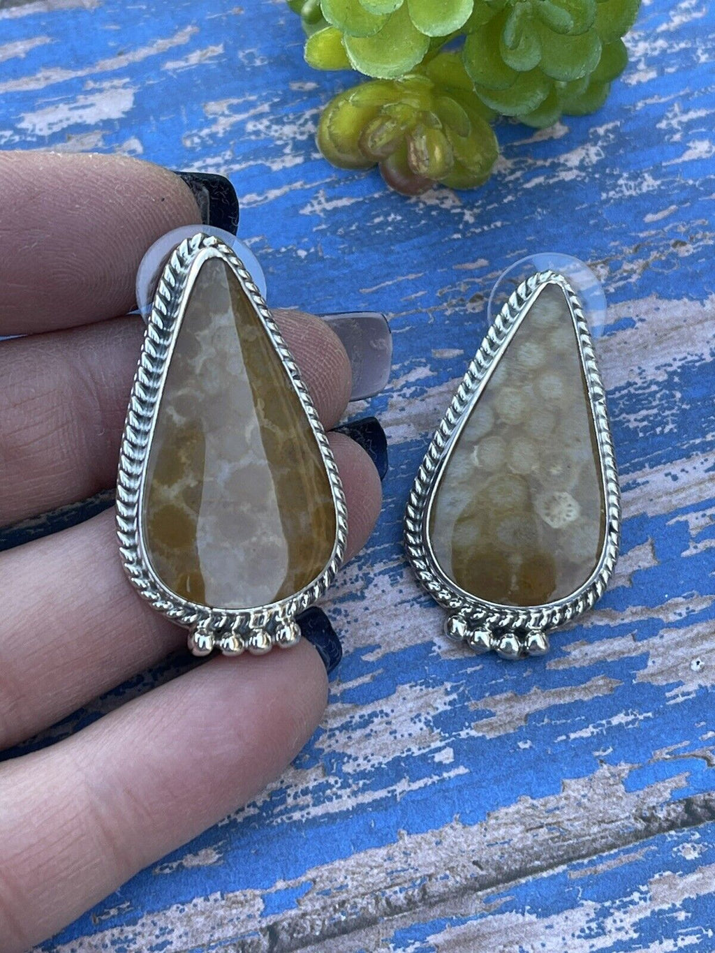 Handcrafted Fossilized Coral & Sterling Silver Post Earrings Signed