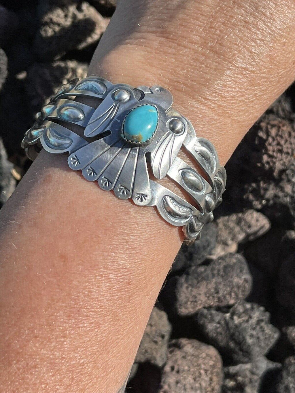 Sterling Silver Handcrafted Stamped Turquoise Thunderbird Cuff