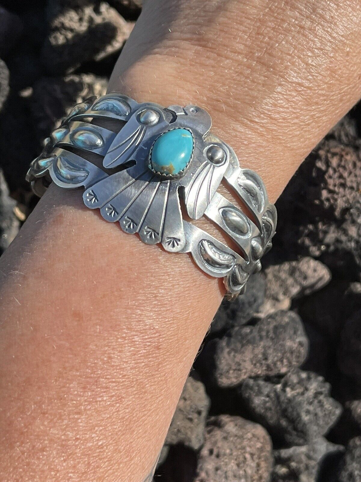 Sterling Silver Handcrafted Stamped Turquoise Thunderbird Cuff