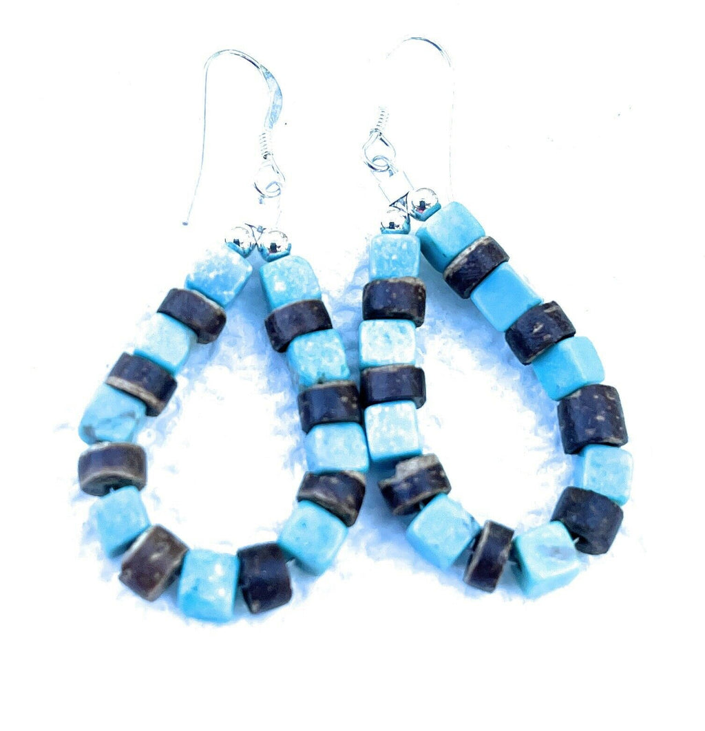 Handcrafted Turquoise & Jasper Sterling Silver Beaded Dangle Hoop Earrings