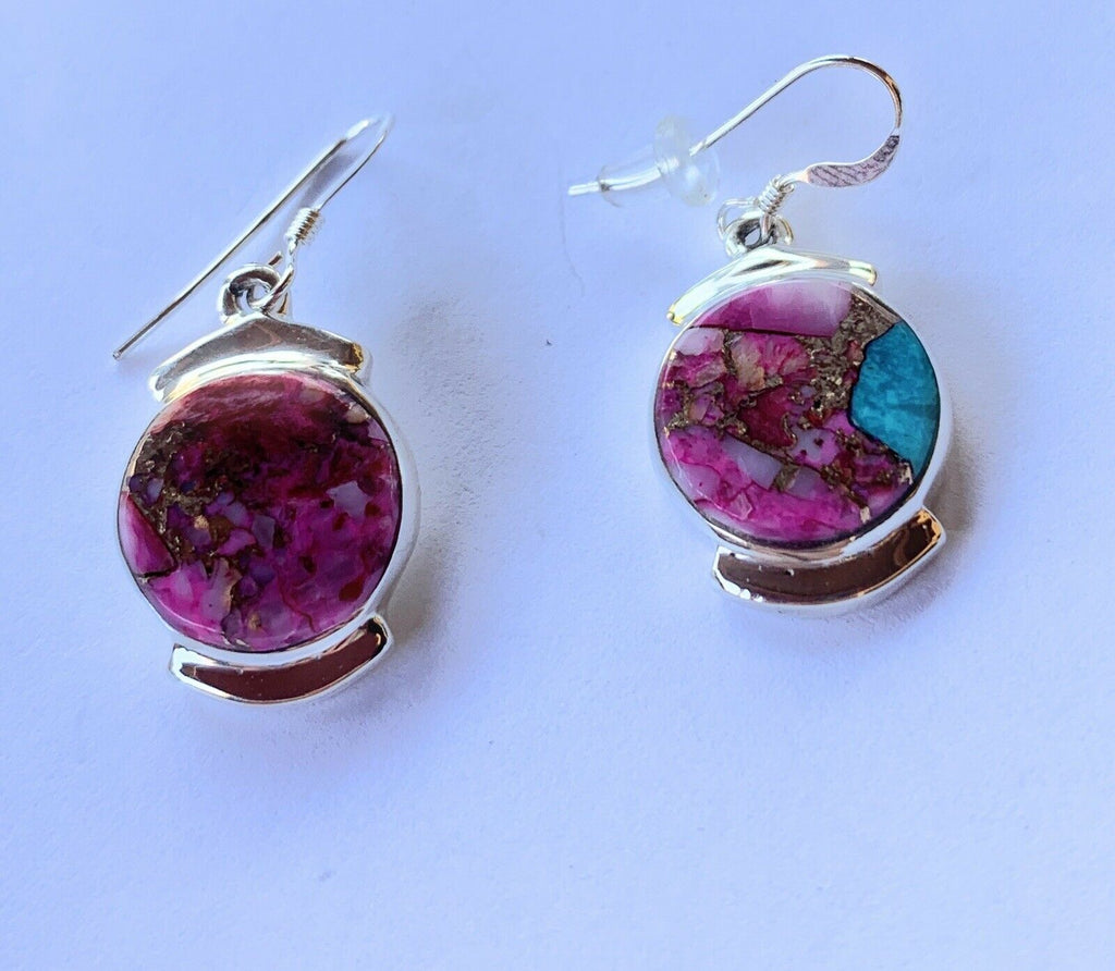 Handcrafted Pink Dream Mohave  Sterling Silver Circle Dangle Earrings