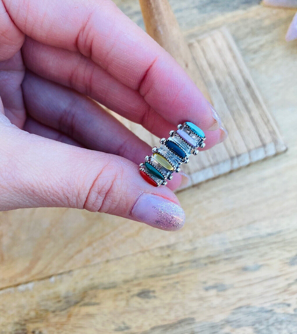 Handcrafted Sterling Silver & Multi Stone Needlepoint Band Ring