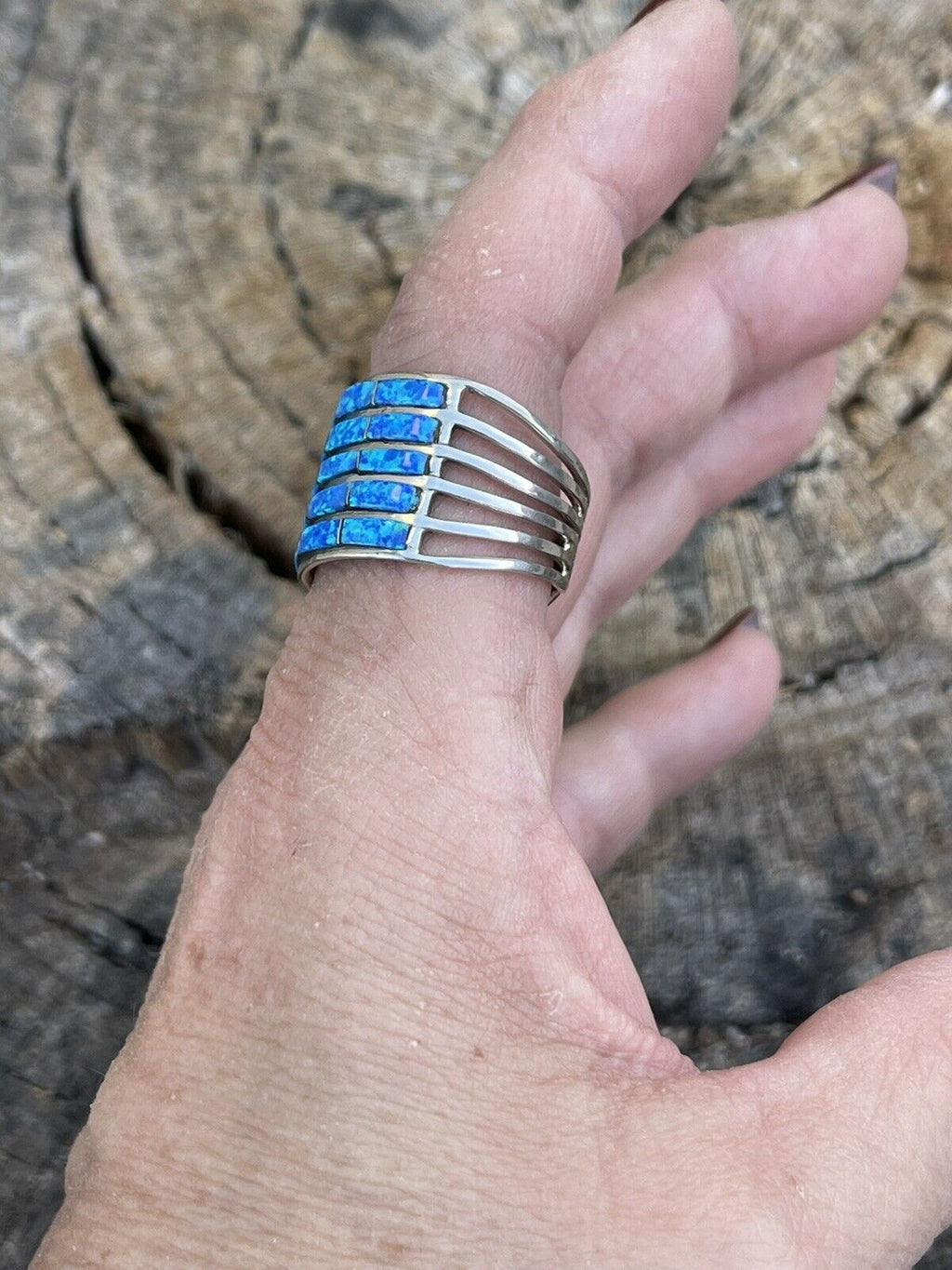 Handcrafted Sterling Silver Blue Opal 5 Row Inlay Ring