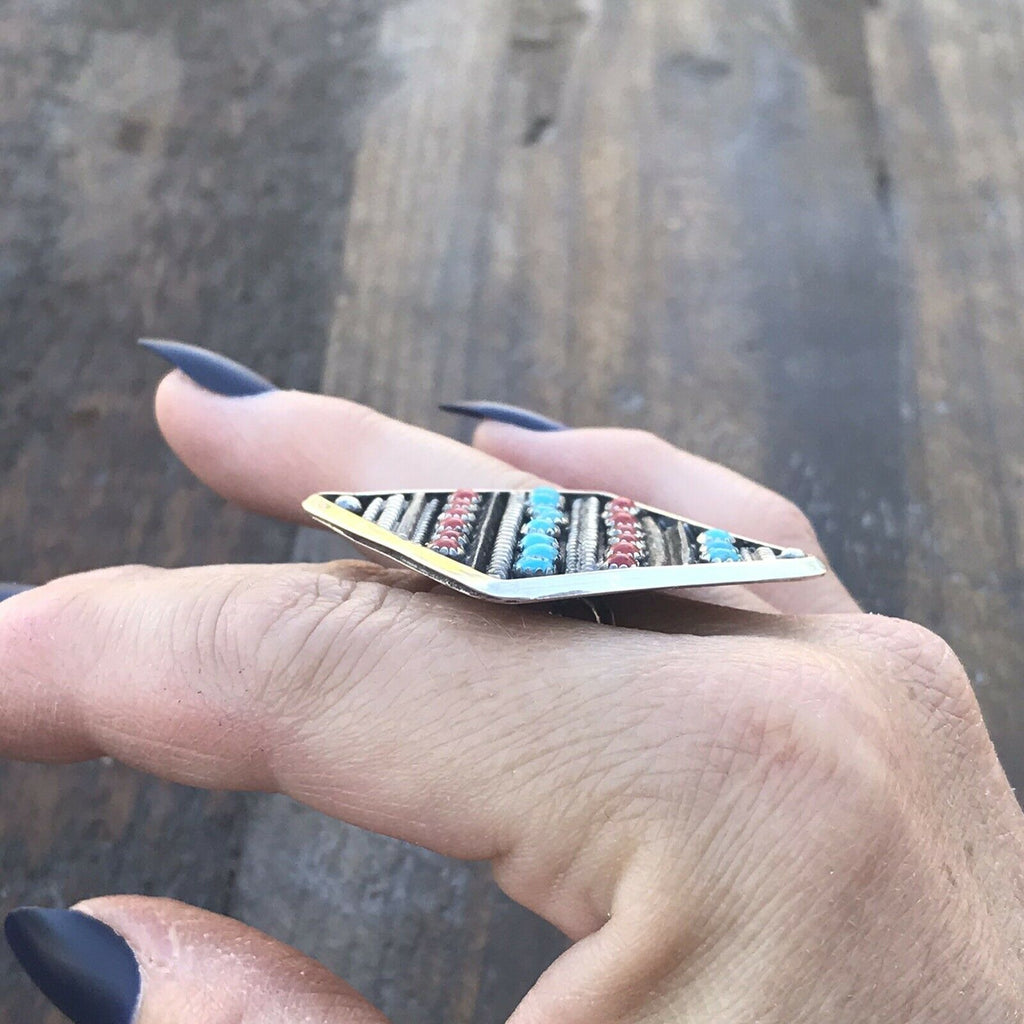 Handcrafted Multi Stone &  Sterling Silver Statement Ring Size 8