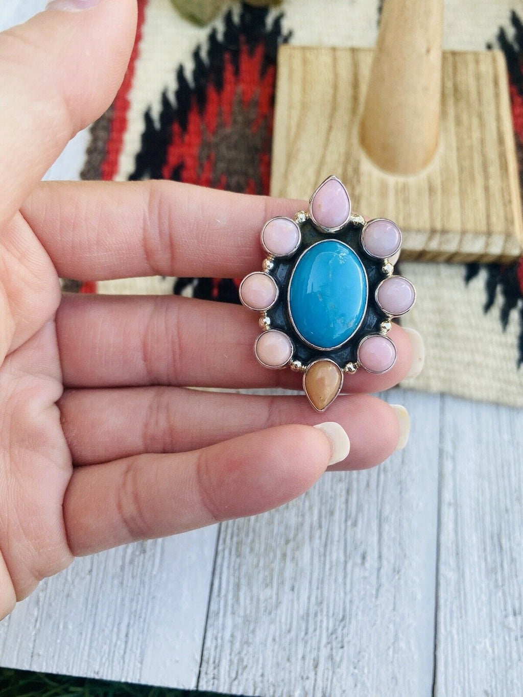 Handcrafted Rhodochrosite, Turquoise & Sterling Silver Cluster Ring Size 8.5