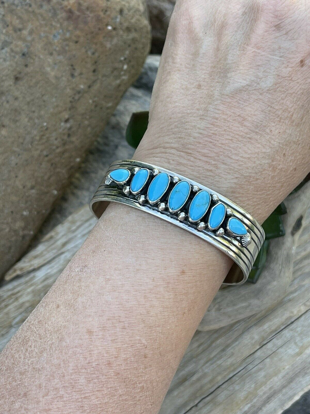 Handcrafted Sterling & Kingman Turquoise Stacker Cuff Bracelet Artist R. Bennett /