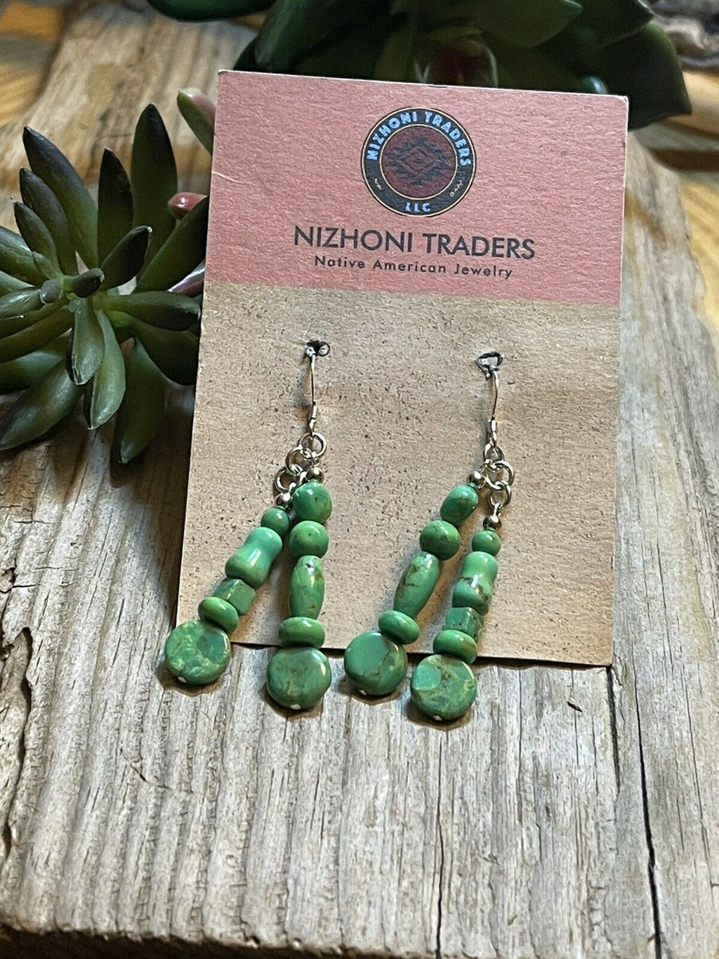 Handcrafted Sterling Dyed Green Kingman Turquoise Multi Bead Earrings