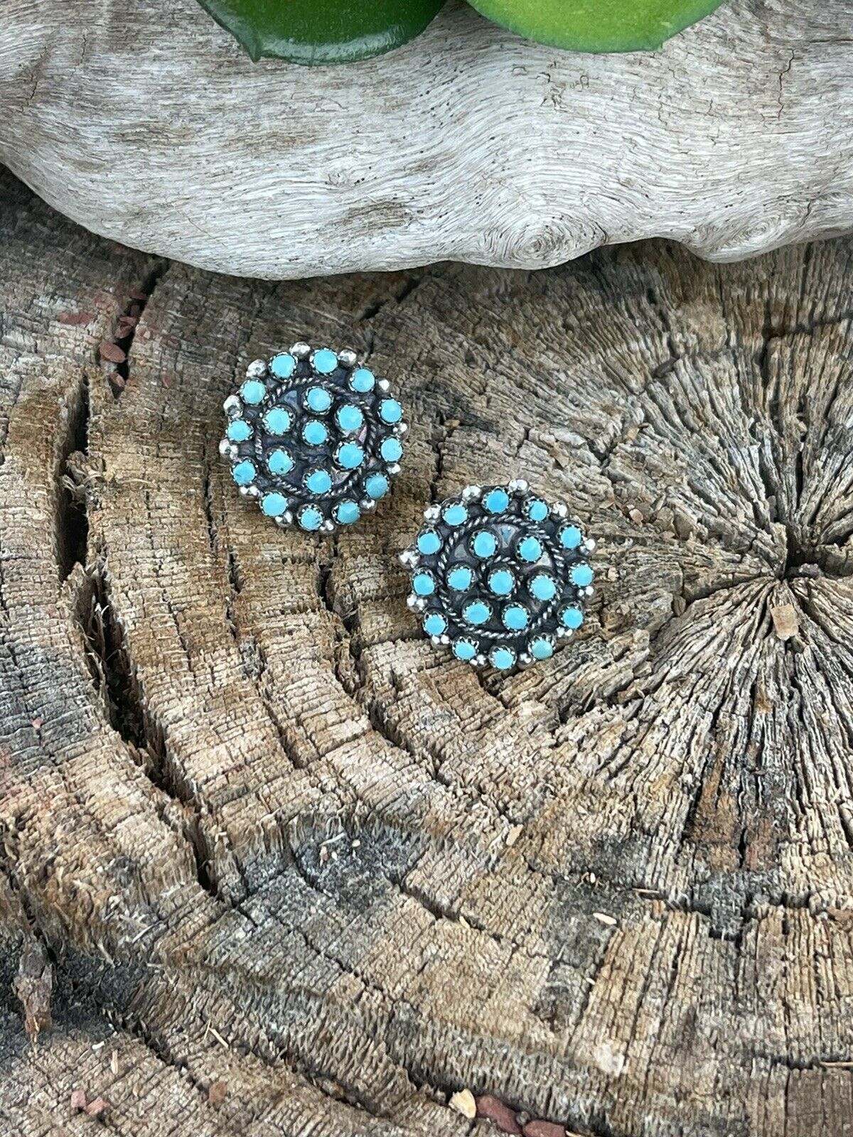 Handcrafted Sterling Silver & Turquoise Cluster Stud Earrings Signed LW