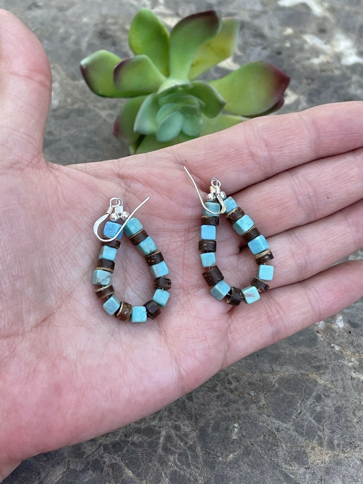 Handcrafted Turquoise & Jasper Sterling Silver Beaded Dangle Hoop Earrings