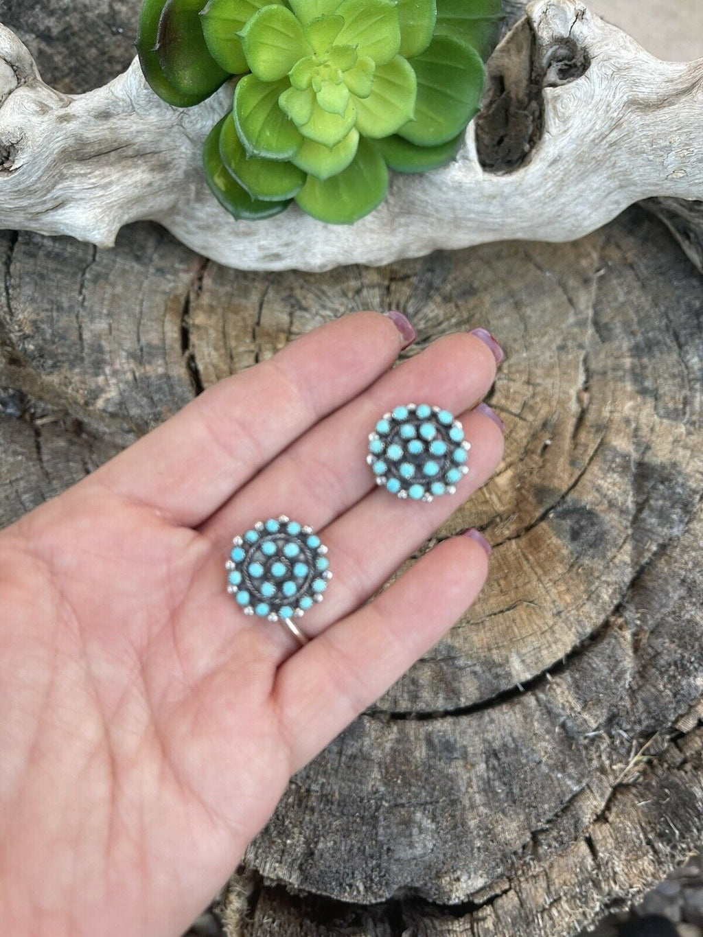 Handcrafted Sterling Silver & Turquoise Cluster Stud Earrings Signed LW