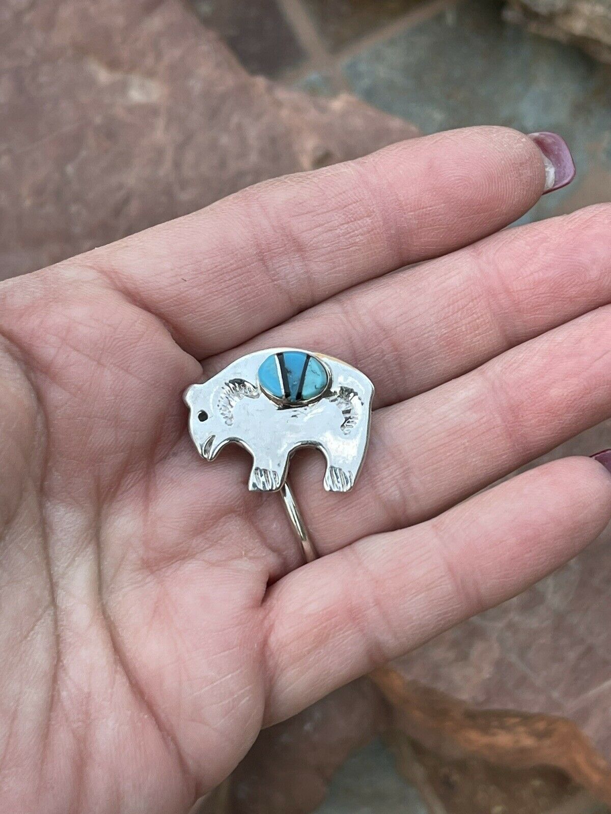 Handcrafted Sterling Silver Multi Stone Buffalo Pendant Pin Signed
