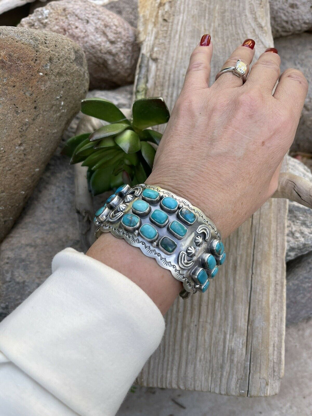 Stunning Turquoise Cluster & Sterling Silver Cuff Signed /