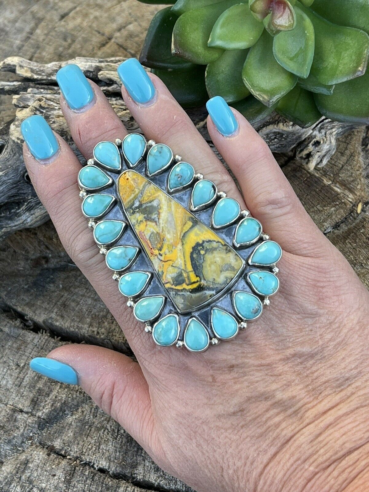 Handcrafted Sterling Silver Bumblebee and Turquoise Stone Ring Sz 8.5