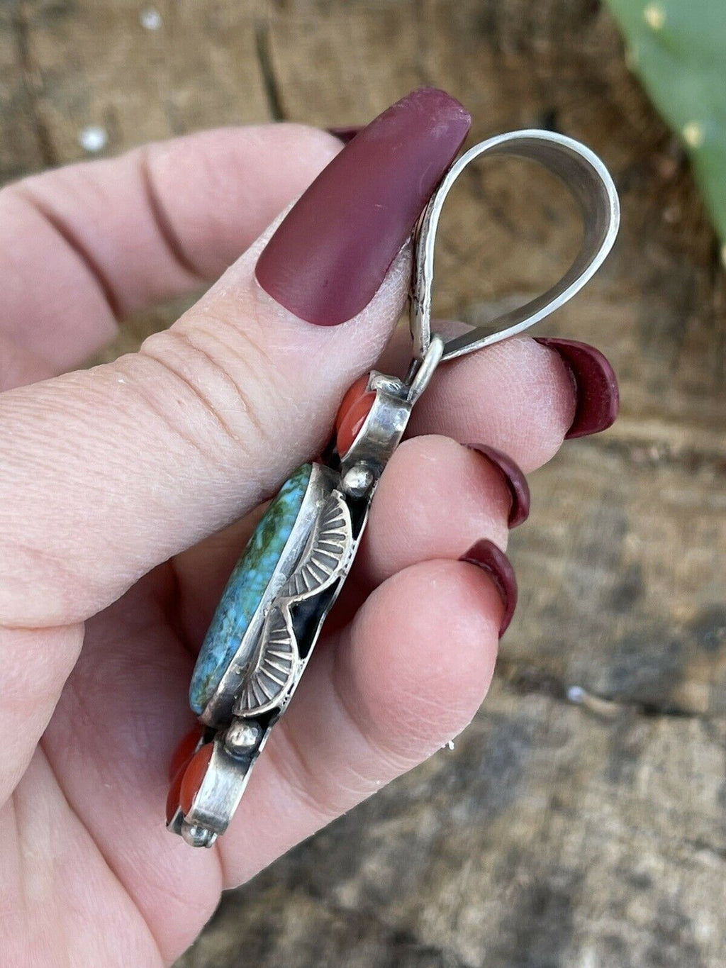 Handcrafted Sterling Kingman Web Turquoise & Red Coral Pendant Taos Collection