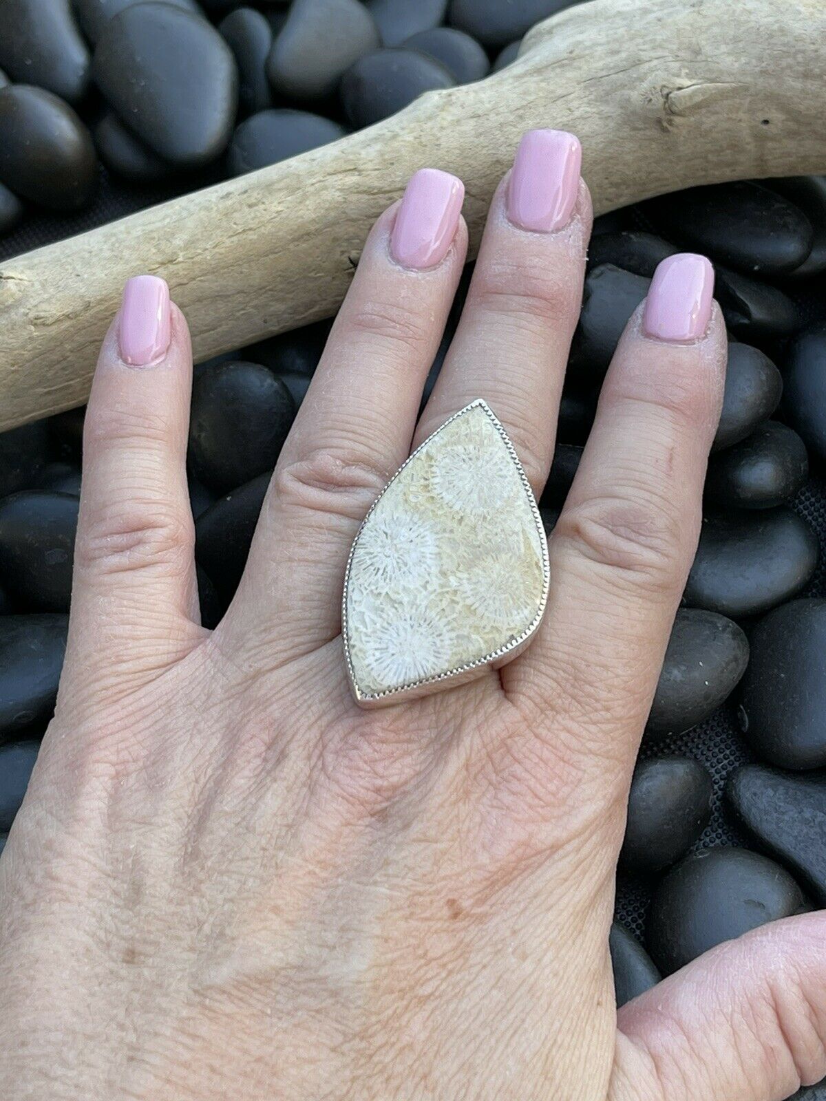 Handcrafted Fossilized Coral & Sterling Silver Adjustable Ring Signed